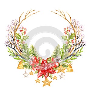 Christmas floral wreath watercolor hand drawn illustration