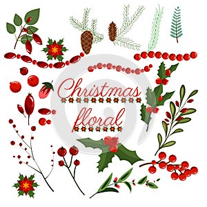 Christmas floral wreath winter set floret holiday elements vector art flower design illustration wreath. photo