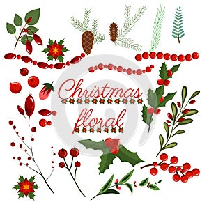 Christmas floral wreath winter set floret holiday elements vector art flower design illustration wreath.