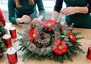 A Christmas Flower Arrangement Class, With Festive Bouquets On A Table. Generative AI