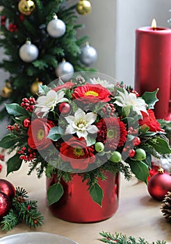 A Christmas Flower Arrangement Class, With Festive Bouquets On A Table. Generative AI