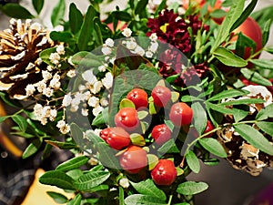 Christmas flower arrangement with red and mixed holiday greens