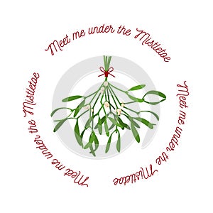 Christmas Flower Mistletoe and a short phrase - meet me under the mistletoe. Festive illustration with hanging sprigs of