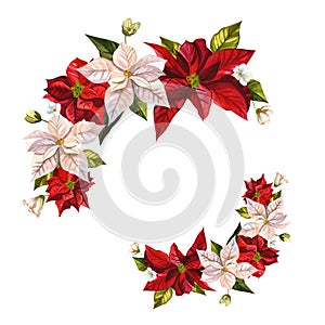 Christmas flower poinsettia. A wreath of red and white flowers. Watercolor illustrations on an isolated white background