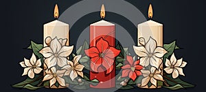 Christmas flowers with candles Horizontal illustration minimalism. Christmas theme cartoon line art. For banners, posters, gift