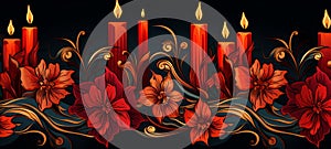 Christmas flowers with Christmas candles on balck background illustration. Christmas holidays illustration. Copy space. Horizontal