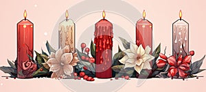 Christmas flowers with five Christmas candles on light background Horizontal illustration. Christmas holidays Horizontal
