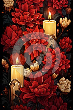 Christmas flowers and two Christmas candles illustration. Christmas theme illustration. Copy space. Horizontal format for banners