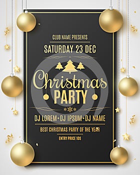 Christmas flyer for party. Xmas concept. Festive balls and golden stars. Serpentine and confetti. DJ and club name. Greeting card