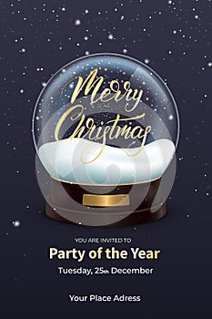 Christmas flyer. Winter Holiday design with realistic snow globe and Merry Christmas calligraphy