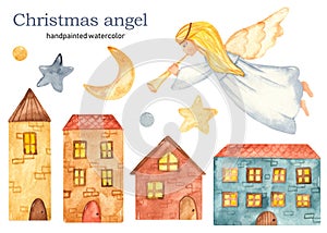 Christmas flying girl angel with trumpet watercolor clipart, houses, crescent, stars