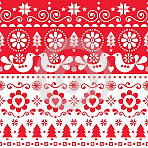 Christmas folk art vector seamless pattern, cute Scandinavian festive design with birds, snowflakes, flowers, Xmas trees in red an