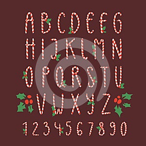 Christmas font candy cane vector type alphabet New Year card print design font characters and numbers for invitation