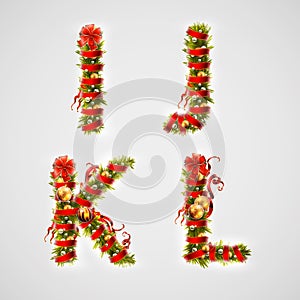 Christmas font. Four letters IJKL of Christmas tree branches, d