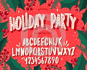 Christmas font. Holiday typography alphabet with festive illustrations and season wishes