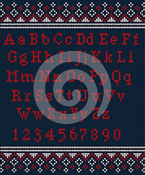 Christmas font. Knitted latin alphabet on seamless knitted pattern with snowflakes and fir. Nordic fair isle knitting, winter