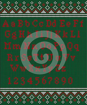 Christmas font. Knitted latin alphabet on seamless knitted pattern with snowflakes and fir. Nordic fair isle knitting, winter