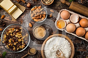 Christmas food background with baking Ingredients