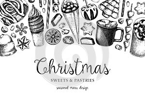 Christmas food background. Christmas market design template. Hand-drawn vector illustration. Hot drinks, candies, cookies,