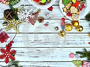 Christmas food background with cookies on copy space top view