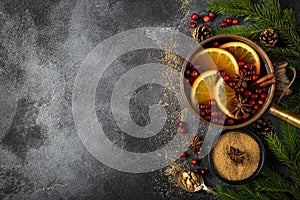 Christmas food background , mulled wine and ingredients on dark