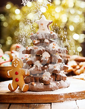 Christmas food. Christmas Tree made from Gingerbread cookies and snow from icing sugar