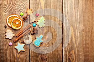 Christmas food decoration with gingerbread cookies, spices and c