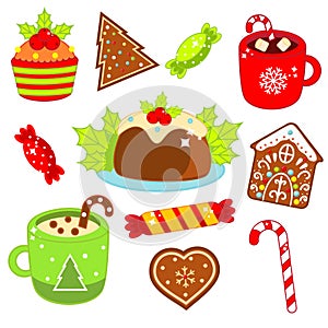 Christmas food and drink. Gingerbread cookies, candy cane, sweets and other. Colorful stickers, icons for New Year menu and other