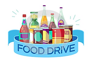 Christmas food drive. Canned soup and drinks, gift homeless vector concept