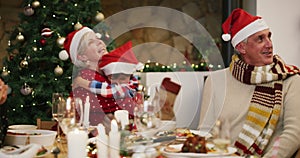 Christmas, food or happy family hug in home with lunch, drinks or celebration for social gathering event. Senior