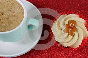 Christmas Food Hot chocolate and Cupcake on red glitter background