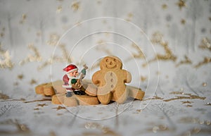 Christmas food photography gingerbread man mini music santa claus on gold reindeer glitter xmas wrapping paper background