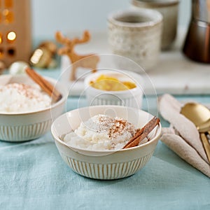 Christmas food. Rice pudding. Pastel cozy atmosphere morning holiday breakfast or evening