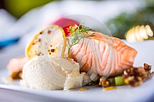 Christmas food with salmon fillet and decoration home hotel or r
