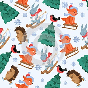 Christmas forest animals vector seamless pattern. Funny woodland animal characters repeat background