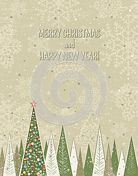 Christmas forest over grunge background, vector