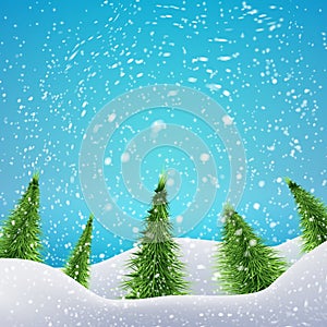 Christmas Forest with snowfall and drifts. Vector