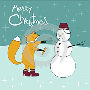 Christmas fox with a carrot in a paw and a snowman waiting for his nose set.