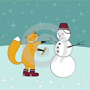 Christmas fox with a carrot in a paw and a snowman waiting for his nose set sparkling sky