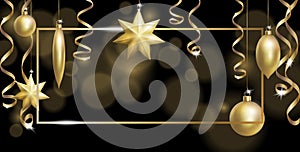 Christmas Frame Banner Template. Ball Fir Toys star golden silver sparkle serpentine streamer. New Year tree decoration