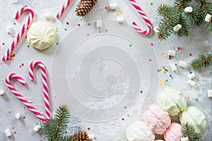 Christmas frame. Christmas background with sweets and festive decorations