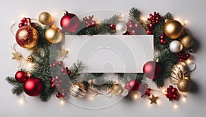 christmas frame with christmas decorations copy space frame of spruce, red & gold christmas decorations on white background.