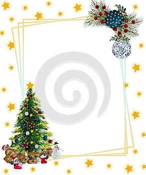 Christmas frame with Christmas tree, decorations and golden stars, festive Christmas and winter season greeting card template