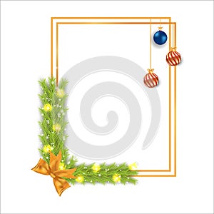 Christmas frame with decoration balls, pine leaves, snowflakes. Xmas frame with golden ribbon. Christmas photo frame with
