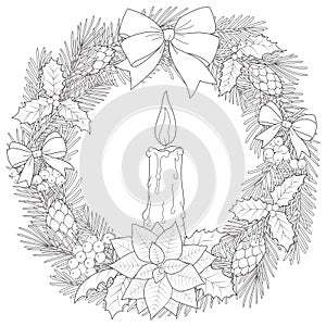 Christmas frame in doodle style. Christmas wreath with candle. Black and white