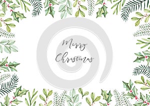 Christmas frame with eucalyptus, fir branch and holly - Watercolor illustration. Happy new year. Winter background with greenery