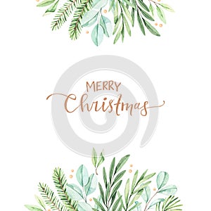 Christmas frame with eucalyptus, fir branch and holly - Watercolor illustration. Happy new year. Winter background with greenery photo