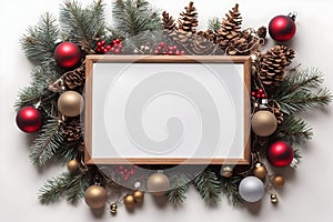 Christmas frame with fir branches, red and golden baubles and pine cones on white background