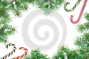 Christmas Frame of Fir tree branch with candy canes and snow isolated on white background with copy space for your text