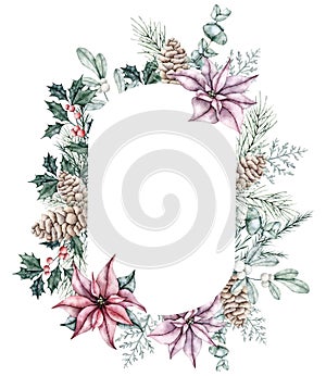 Christmas frame in the form of oval made of ilex branches with red berries, poinsettia flower, eucalyptus, snowberry